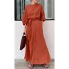 imageCHARTOU Women Elegant Long Dress Boat Neck 34 Lantern Sleeve Cotton Linen Dress with BeltOrange