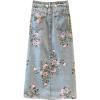 imageCHARTOU Women Floral Print Long Denim Jean Skirt Printed Midi A Line Skirt Side Slit Denim Jean Flare SkirtBlue