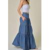 imageCHARTOU Women High Waist Tiered Denim Maxi Skirt Western Ruffle Patchwork Y2k A Line Long Jean Skirt PocketsBlue