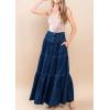 imageCHARTOU Women High Waist Tiered Denim Maxi Skirt Western Ruffle Patchwork Y2k A Line Long Jean Skirt PocketsDark Blue