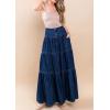 imageCHARTOU Women High Waist Tiered Denim Maxi Skirt Western Ruffle Patchwork Y2k A Line Long Jean Skirt PocketsDark Blue