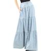 imageCHARTOU Women High Waist Tiered Denim Maxi Skirt Western Ruffle Patchwork Y2k A Line Long Jean Skirt PocketsLight Blue