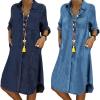 imageCHARTOU Women Long Sleeve Denim Button Up Shirt Dress Midi Jean DressBlue