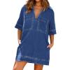 imageCHARTOU Women Loose Denim Dress Short Sleeve Casual Summer Dress Turn Down Pullover Vintage Tunic Jean DressBlue