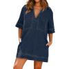 imageCHARTOU Women Loose Denim Dress Short Sleeve Casual Summer Dress Turn Down Pullover Vintage Tunic Jean DressDark Blue