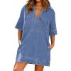 imageCHARTOU Women Loose Denim Dress Short Sleeve Casual Summer Dress Turn Down Pullover Vintage Tunic Jean DressLight Blue