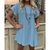 imageCHARTOU Women Loose Linen Mini Dress Summer Modest Frayed T Shirt Dress Flowy Ruffle Short Sleeve Shift Dress PocketBlue