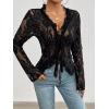 imageCHARTOU Women Sexy Lace Shirt Front BowTie Sheer See Through Blouse Mesh TopsBlack