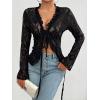 imageCHARTOU Women Sexy Lace Shirt Front BowTie Sheer See Through Blouse Mesh TopsBlack