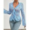 imageCHARTOU Women Sexy Lace Shirt Front BowTie Sheer See Through Blouse Mesh TopsBlue