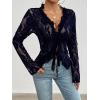 imageCHARTOU Women Sexy Lace Shirt Front BowTie Sheer See Through Blouse Mesh TopsNavy