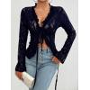 imageCHARTOU Women Sexy Lace Shirt Front BowTie Sheer See Through Blouse Mesh TopsNavy