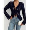 imageCHARTOU Women Sexy Lace Shirt Front BowTie Sheer See Through Blouse Mesh TopsNavy