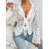 imageCHARTOU Women Sexy Lace Shirt Front BowTie Sheer See Through Blouse Mesh TopsWhite