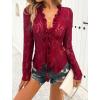 imageCHARTOU Women Sexy Lace Shirt Front BowTie Sheer See Through Blouse Mesh TopsWine