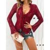 imageCHARTOU Women Sexy Lace Shirt Front BowTie Sheer See Through Blouse Mesh TopsWine