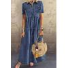 imageCHARTOU Women Short Sleeve Denim Maxi Dress Long Jean Dress Flowy Button Down Shirt Tiered Dress Summer SundressDark Blue