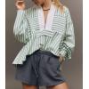 imageCHARTOU Women Stripes Ruffle Peplum Shirt Casual 2025 Fall Lapel Half Zip Long Sleeve Pullover TopGreen