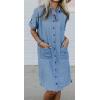 imageCHARTOU Women Summer Button Down Denim Shirt Dress Chambray Short Sleeve Knee Length Shift Jean T Shirt Dress with PocketsLight Blue