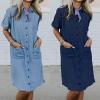 imageCHARTOU Women Summer Button Down Denim Shirt Dress Chambray Short Sleeve Knee Length Shift Jean T Shirt Dress with PocketsLight Blue