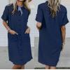 imageCHARTOU Women Summer Button Down Denim Shirt Dress Chambray Short Sleeve Knee Length Shift Jean T Shirt Dress with PocketsNavy Blue