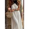 imageCHARTOU Women Summer Vacation Halter Neck Crossover Contrast Trim Cotton Linen Flowy Long DressBeige