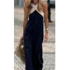 imageCHARTOU Women Summer Vacation Halter Neck Crossover Contrast Trim Cotton Linen Flowy Long DressBlack