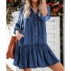 imageCHARTOU Women Tired Denim Babydoll Dress V Neck Mini Dress Jean Button Down Shirt Dress Chambray Ruffle Flowy A Line DressBlue