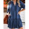 imageCHARTOU Women Tired Denim Babydoll Dress V Neck Mini Dress Jean Button Down Shirt Dress Chambray Ruffle Flowy A Line DressBlue