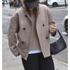 imageCHARTOU Women Winter Stand Collar Wool Blend Jacket Double Breasted Pea Coat Button Cropped Trench Coat OvercoatKhaki