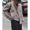 imageCHARTOU Women Winter Stand Collar Wool Blend Jacket Double Breasted Pea Coat Button Cropped Trench Coat OvercoatKhaki