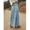 imageCHARTOU Womens Boho A Line Tiered Long Jean Skirt Elastic High Waist Retro Button Big Hem Denim SkirtsBlue
