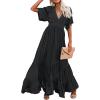 imageCHARTOU Womens Boho Ruffle Sleeve Flowy Maxi Dress Lace Up Back Tiered Party A Line DressBlack