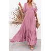 imageCHARTOU Womens Boho Ruffle Sleeve Flowy Maxi Dress Lace Up Back Tiered Party A Line DressPink