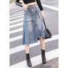 imageCHARTOU Womens Casual Distressed Ripped Irregular Flared Aline Midi Denim Skirt with BeltLight Blue