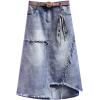 imageCHARTOU Womens Casual Distressed Ripped Irregular Flared Aline Midi Denim Skirt with BeltLight Blue