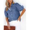 imageCHARTOU Womens Casual Washed Distressed Puff Sleeve Denim Snap Button Shirt Jean Jacket CoatBlue