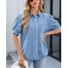 imageCHARTOU Womens Casual Washed Distressed Puff Sleeve Denim Snap Button Shirt Jean Jacket CoatLight Blue