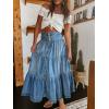 imageCHARTOU Womens High Waist Tiered Denim Maxi Skirt Ruffle Buttons Flowy Boho Pleated Long Jean SkirtsBlue