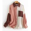 imageCHARTOU Womens Oversized Color Block Button Down Shirt Drop Long Sleeve Shirt BlouseBrown