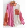 imageCHARTOU Womens Oversized Color Block Button Down Shirt Drop Long Sleeve Shirt BlousePink