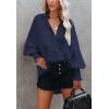 imageCHARTOU Womens Oversized Spread Collar Stripes Bishop Sleeve Sheer Blouse ShirtNavy