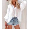 imageCHARTOU Womens Oversized Spread Collar Stripes Bishop Sleeve Sheer Blouse ShirtWhite