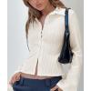 imageCHARTOU Womens Stripe Button Up Y2k Shirt Cropped Flare Long Sleeve Blouse Polo Collar Business Casual TopsApricot
