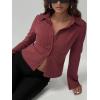 imageCHARTOU Womens Stripe Button Up Y2k Shirt Cropped Flare Long Sleeve Blouse Polo Collar Business Casual TopsRed