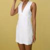 imageCHARTOU Womens Summer Sleeveless Mini Dress Cotton Linen V Neck Cinched A Line Slim Tank Short DressWhite