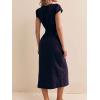 imageCHARTOU Womens V Neck Button Up Cotton Midi Dress Slim Waist Smocked Textured Short Sleeve Sun DressNavy