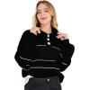 imageCHARTOU Womens Waffle Knit Knitwear Slouchy Striped Polo Collared Long Sleeve Pullover Sweater TopsBlack