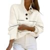 imageCHARTOU Womens Waffle Knit Knitwear Slouchy Striped Polo Collared Long Sleeve Pullover Sweater TopsWhite