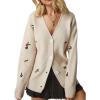 imageCHARTOU Floral Embroidered Button Down Sweaters for Women Cable Knit Sweater Cute Cardigan Fall ClothesBeige